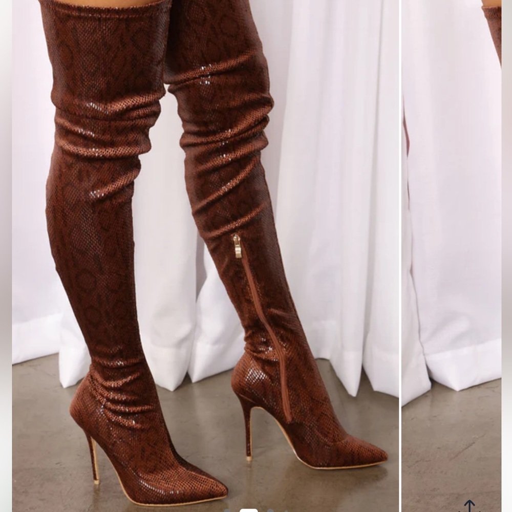 Fashion Nova Snakeskin Brown Heeled Boots - Picture 2 of 2